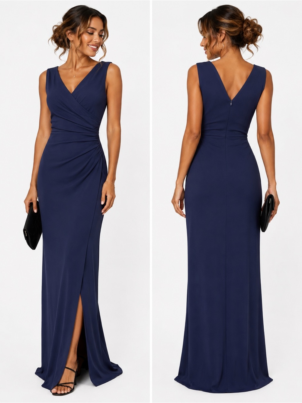NWT Navy V-Neck Sleeveless Maxi Dress with Side Gather, Medium